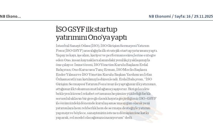 İSO GSYF, ilk start-up yatırımını Ono’ya yaptı