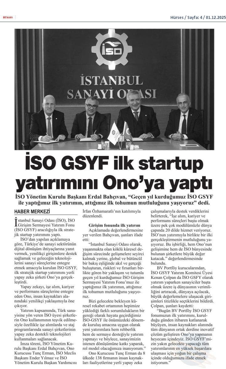 İSO GSYF ilk startup yatırımını Ono’ya yaptı