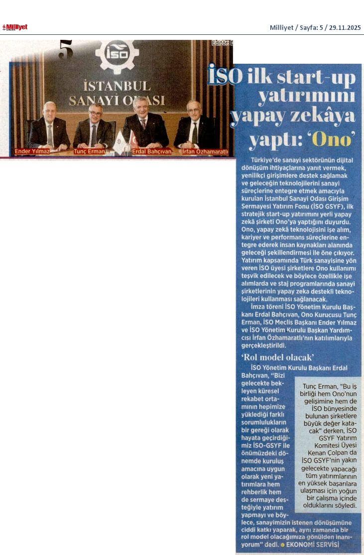 İSO, ilk start-up yatırımını yapay zeka şirketi Ono’ya yaptı