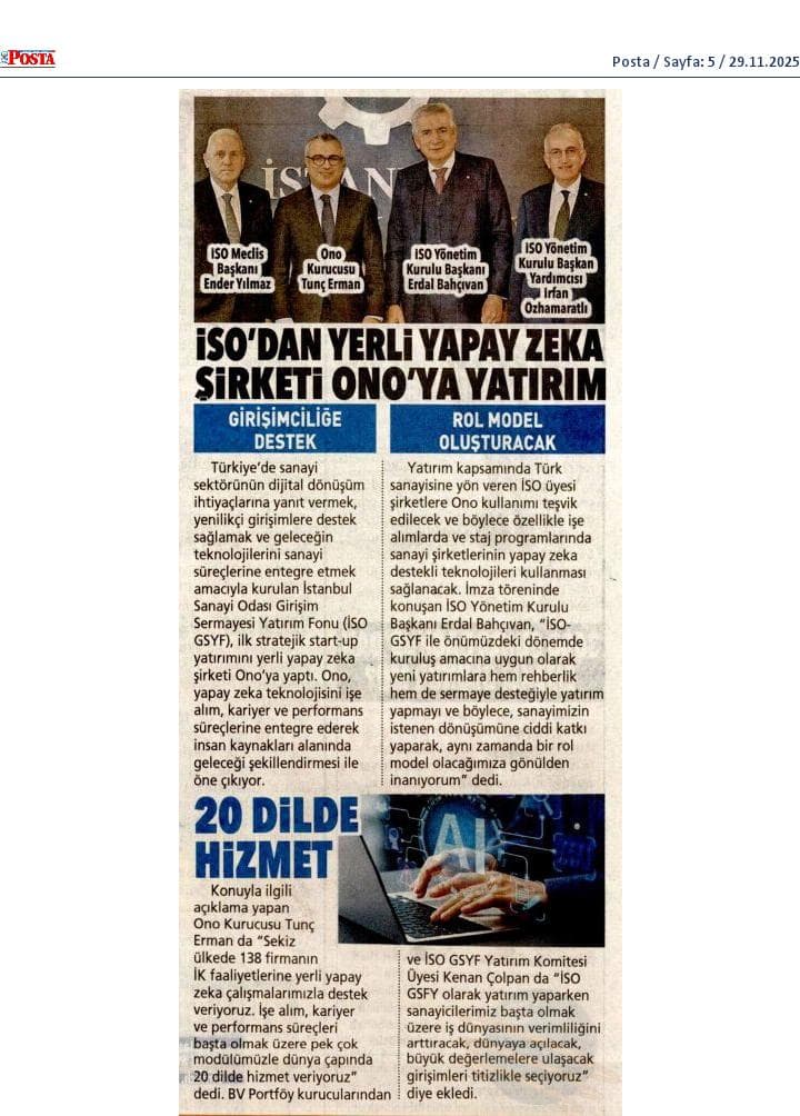 İSO’dan yerli yapay zeka şirketi Ono’ya yatırım