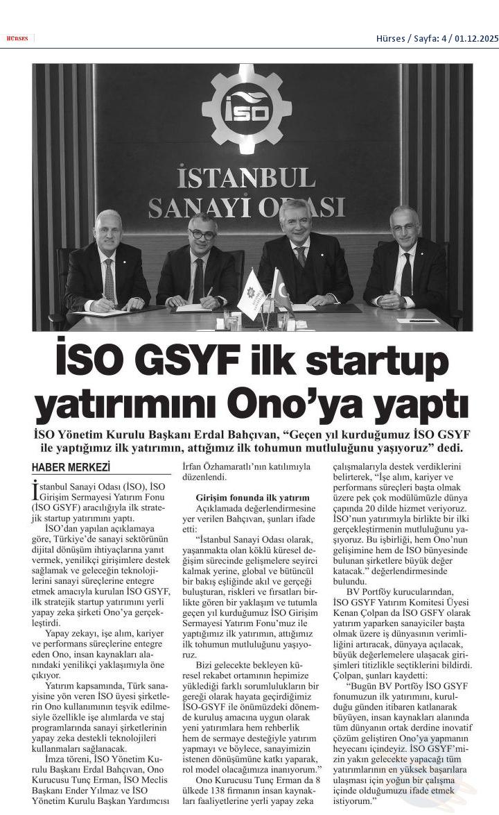 İSO GSYF ilk startup yatırımını Ono’ya yaptı