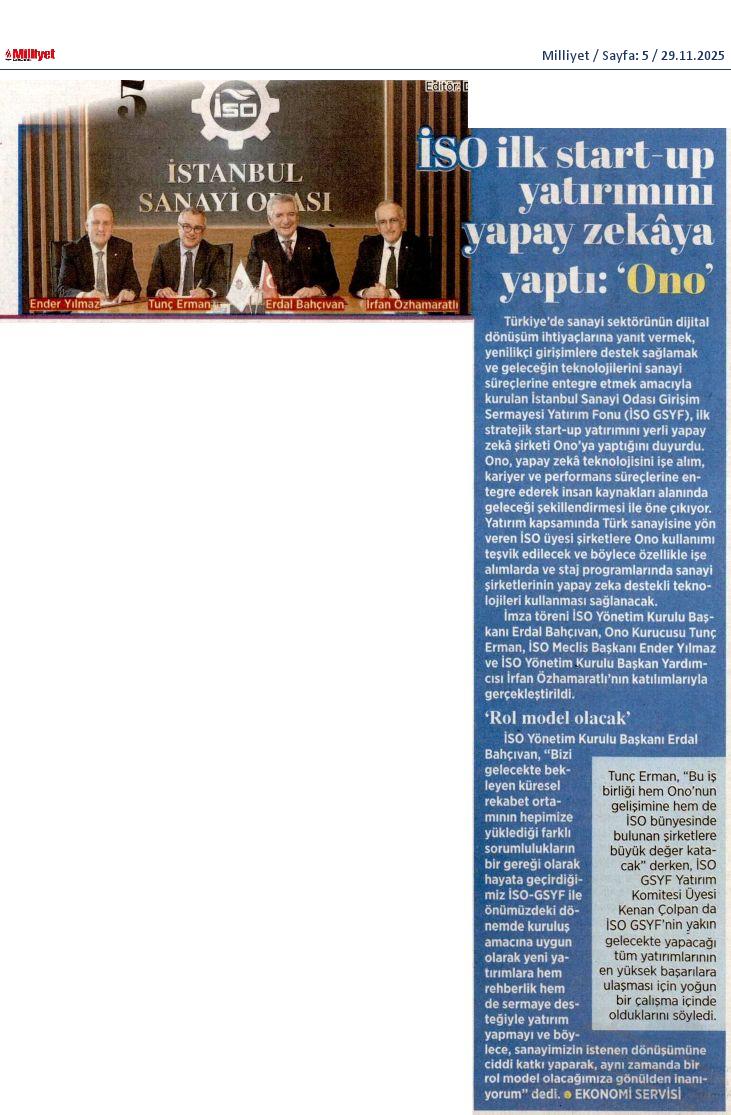 İSO, ilk start-up yatırımını yapay zeka şirketi Ono’ya yaptı