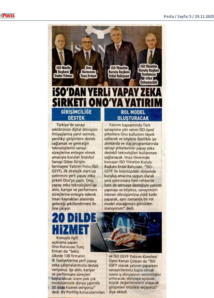 İSO’dan yerli yapay zeka şirketi Ono’ya yatırım